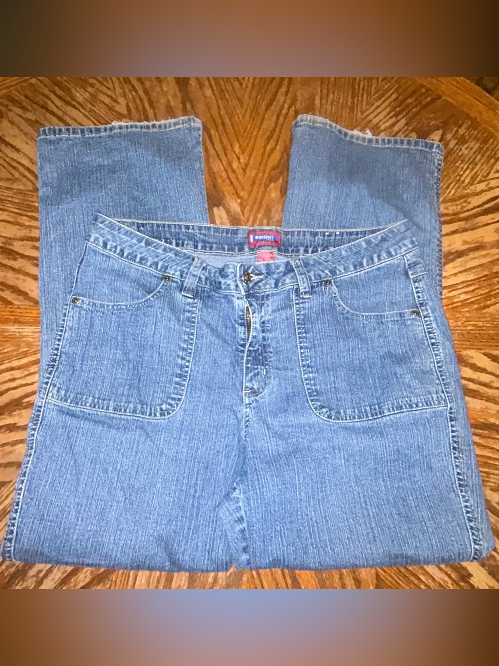 Westport Mid-Rise Stretch Straight Jeans Size 14W Blue Denim Patch Pocket Retro